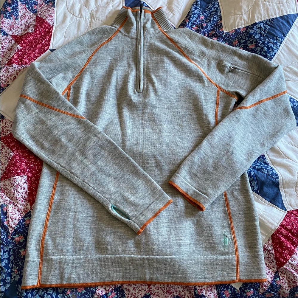Gray Smartwool sweater with Orange trim
